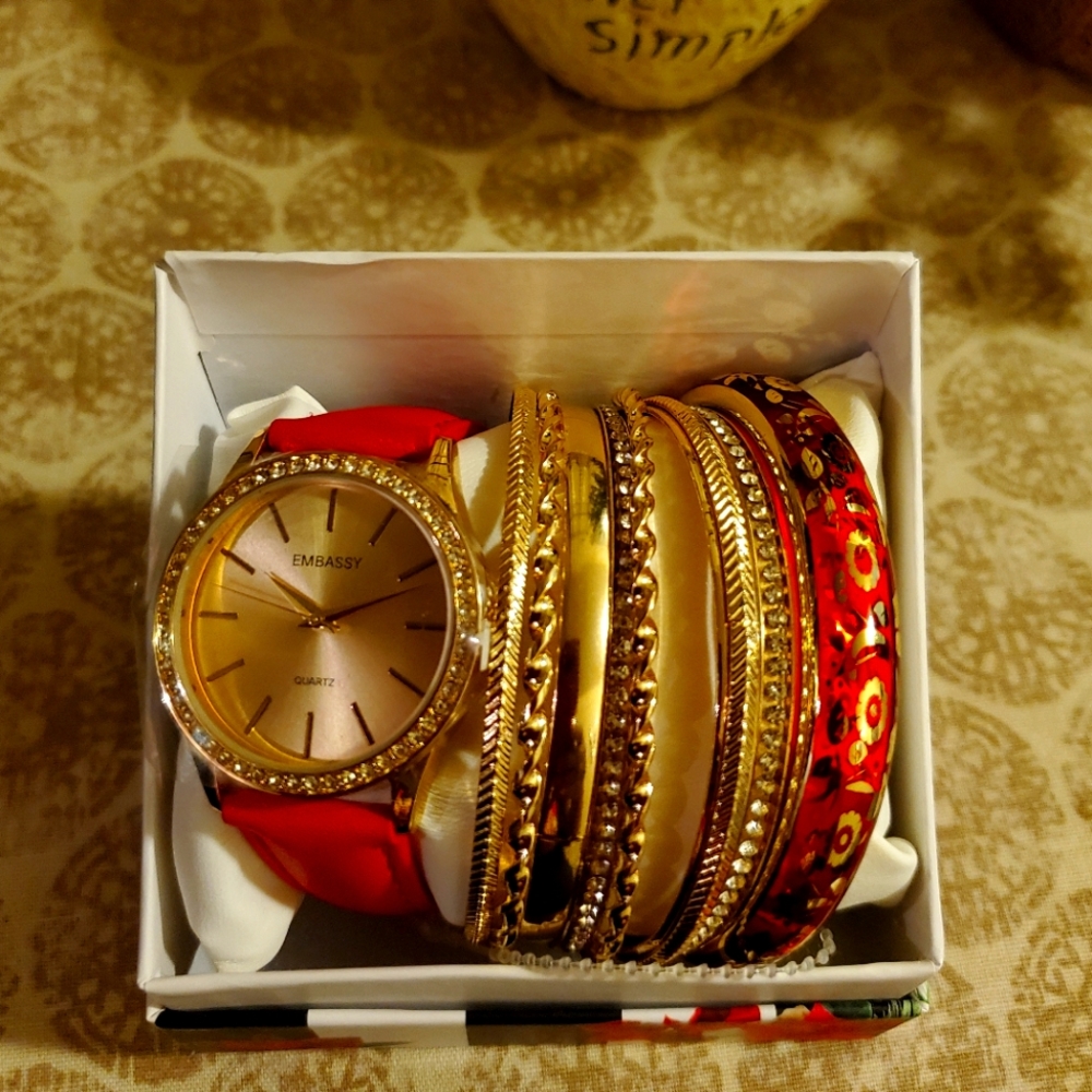 Red watch and bracelets